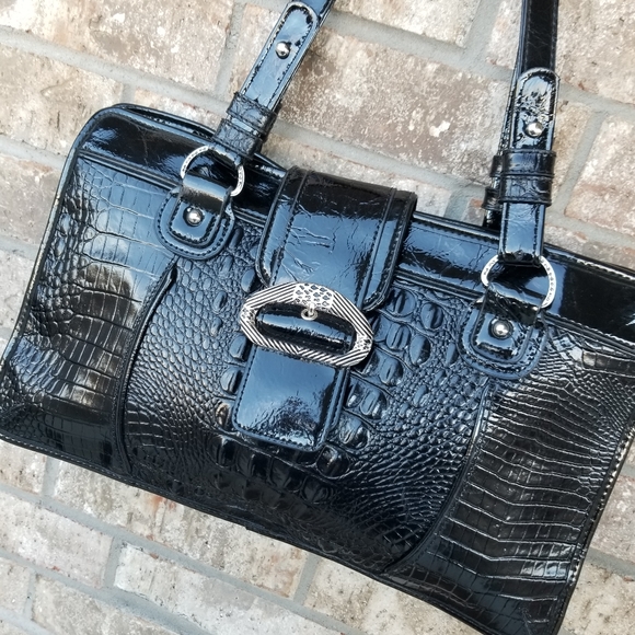 M. C. Marc Chantel Black Patent Croc Embossed Satchel Shoulder Bag Purse (15x9) - Picture 3 of 8